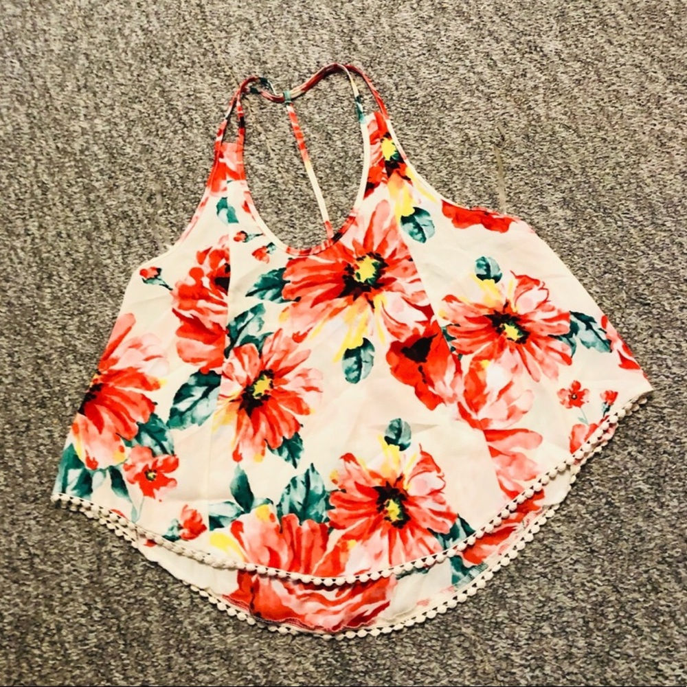 PinkMelo Sleeveless Floral  Loose Tank Top Hem Pom Poms  Size Small